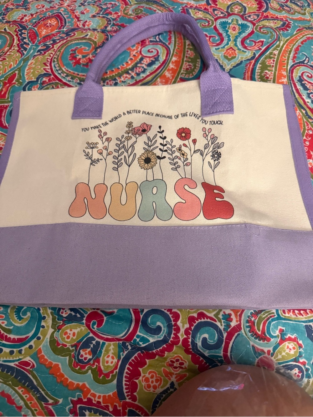 Nurse Floral Canvas Tote Bag - Lavender/White
